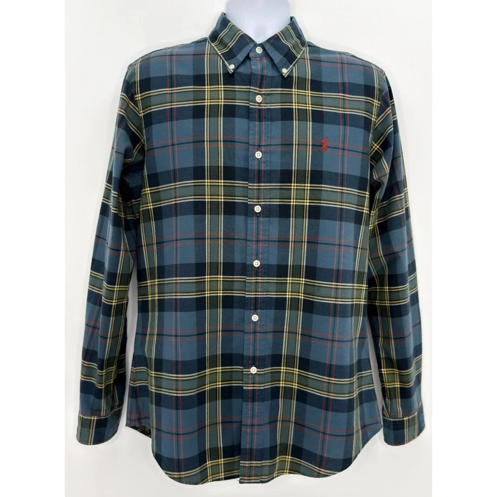 Ralph Lauren Shirt Mens M Blue Green Plaid Custom Fit Button Down Pony Cotton